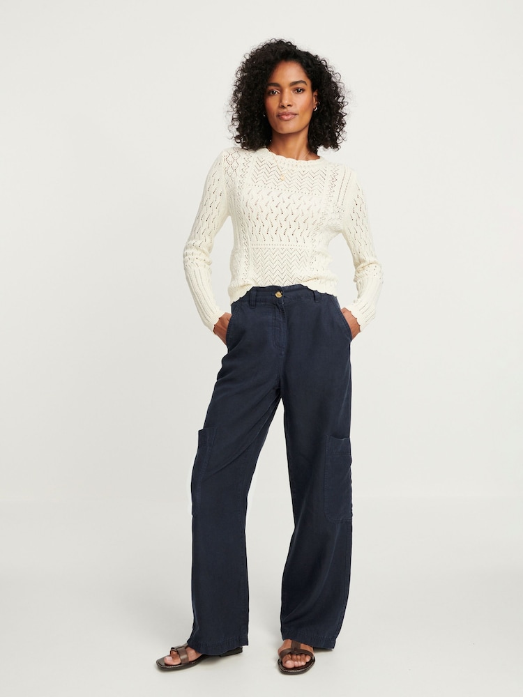 Navy Blue TENCEL™ Linen Blend Cargo Wide Leg Trousers - Image 1 of 6