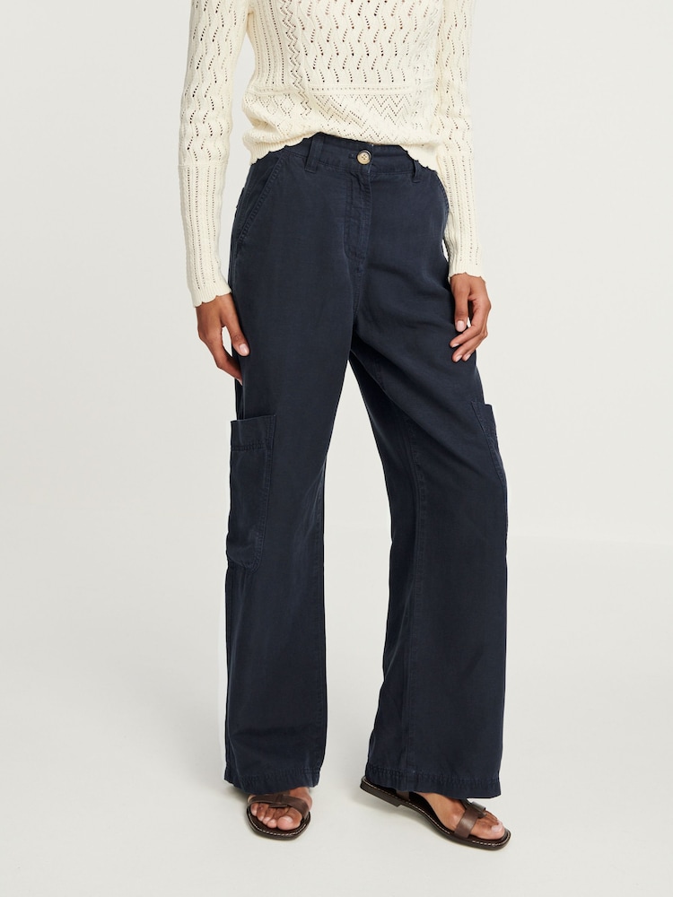 Navy Blue TENCEL™ Linen Blend Cargo Wide Leg Trousers - Image 2 of 6
