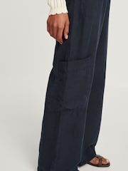 Navy Blue TENCEL™ Linen Blend Cargo Wide Leg Trousers - Image 4 of 6