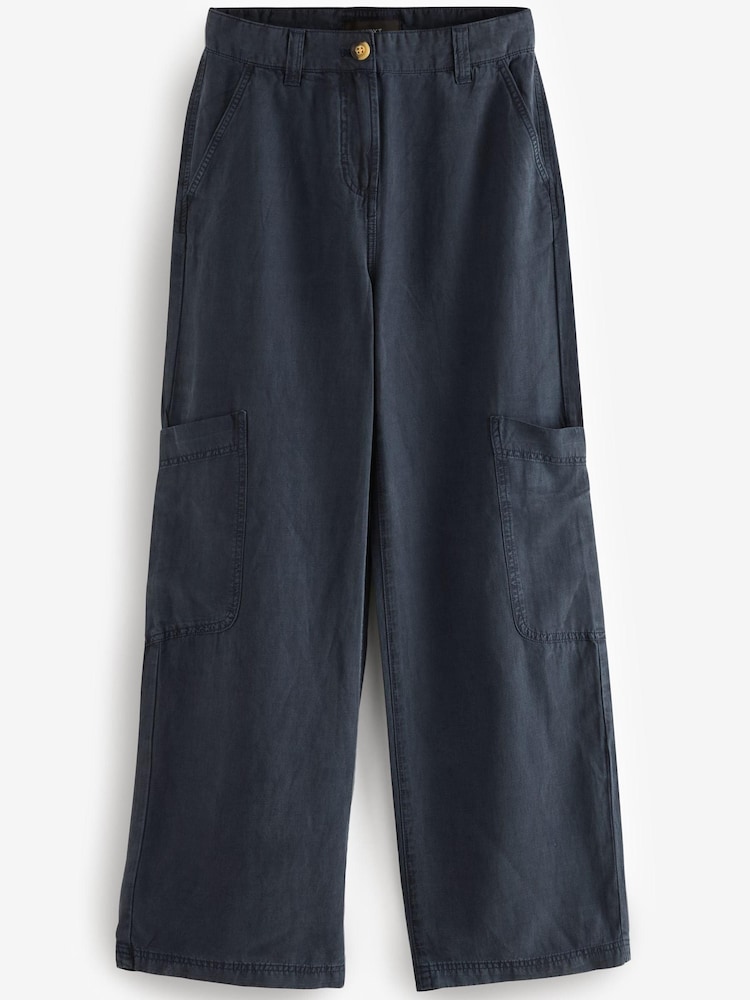 Navy Blue TENCEL™ Linen Blend Cargo Wide Leg Trousers - Image 5 of 6