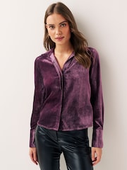 Purple Velvet Pattern Long Sleeve Tie Front Shirt - Image 1 of 6