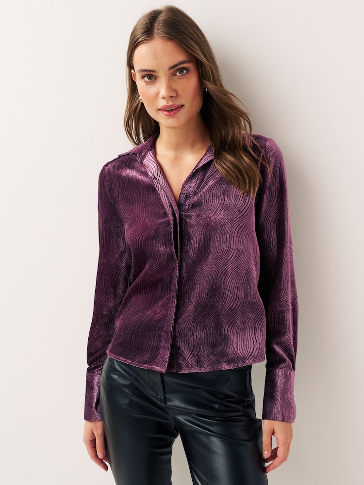 Purple Velvet Pattern Long Sleeve Tie Front Shirt - Image 1 of 6