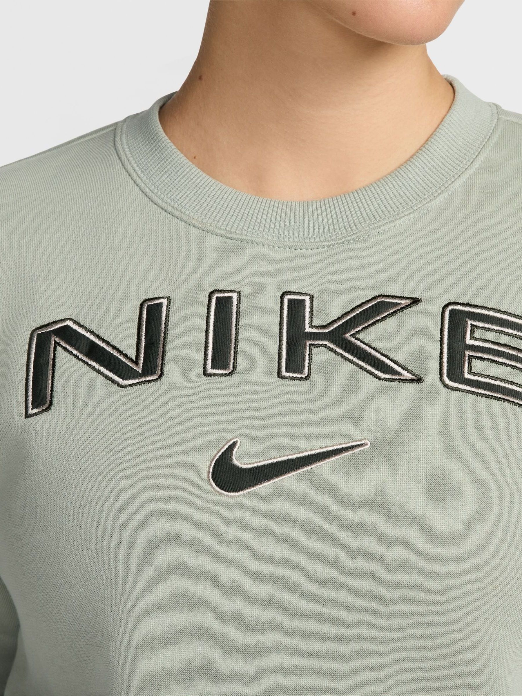 Sage Green Nike Phoenix Fleece Standard Varsity Logo Crew Neck Sweatshirt