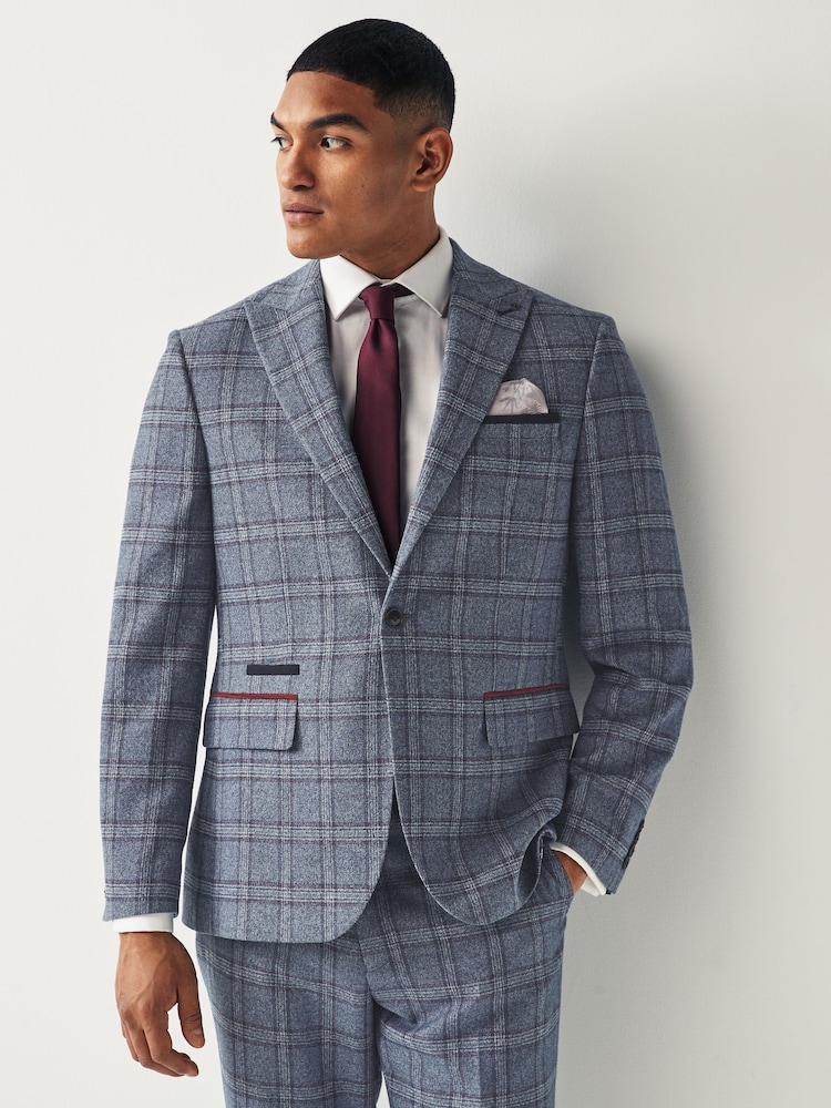 Blue Regular Fit Trimmed Check Suit Jacket - Image 1 of 11