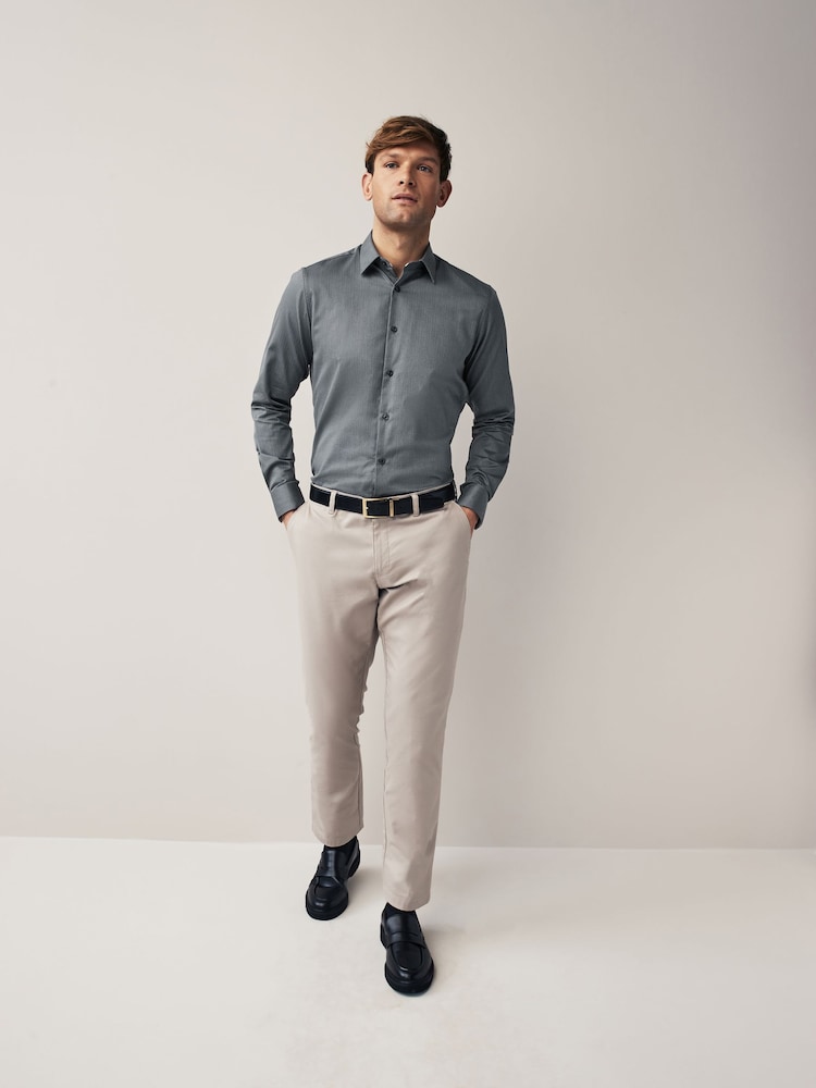 Charcoal Grey Slim Fit Textured Long Sleeve Single Cuff 100% Cotton Shirt' - Image 2 of 7