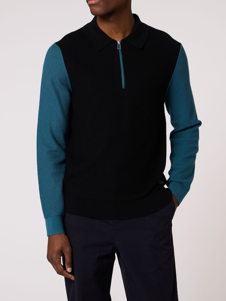 PS Paul Smith Black Textured Knit Zip Neck Polo Jumper - Image 1 of 3