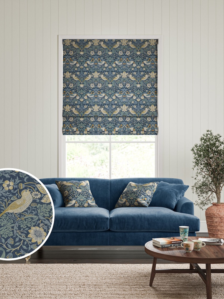 William Morris At Home Blue Strawberry Thief Made To Measure 100% Cotton Roman Blinds - Image 1 of 5