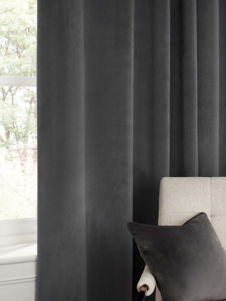 Grey Charcoal Matte Velvet Lined Curtains - Image 6 of 6