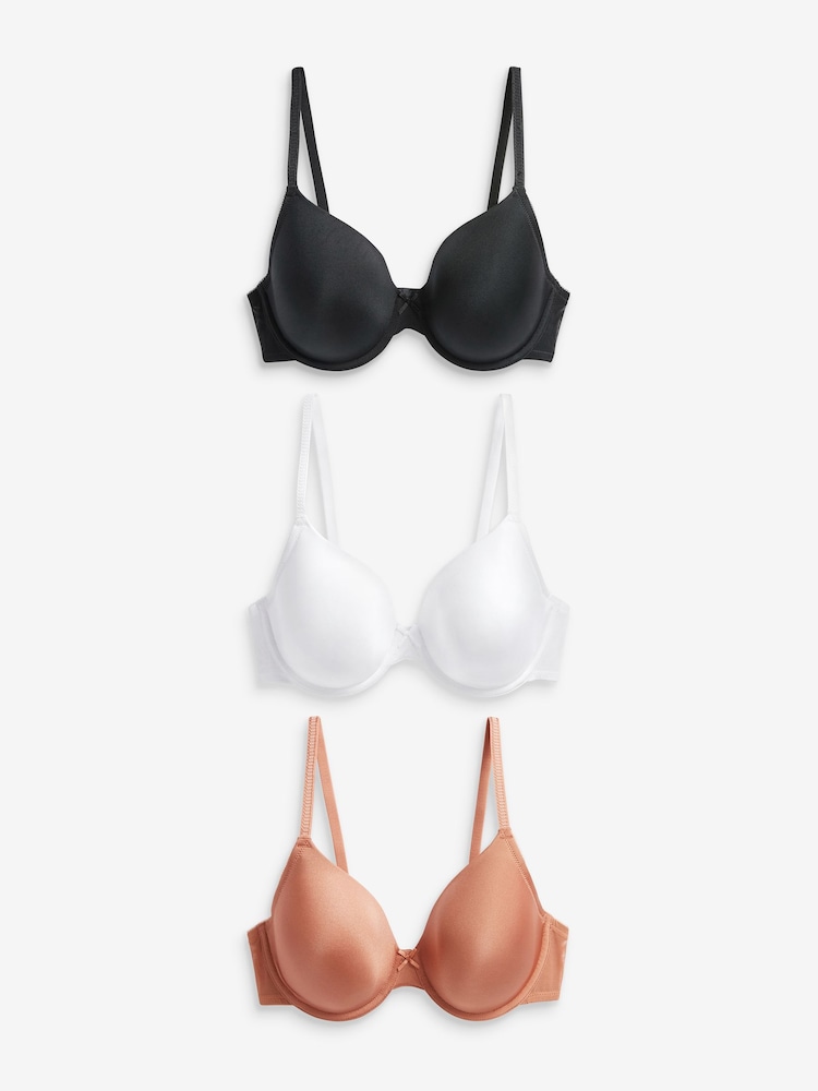 Black/White/Caramel Nude Pad Full Cup Microfibre Smoothing T-Shirt Bras 3 Pack A-E - Image 4 of 7
