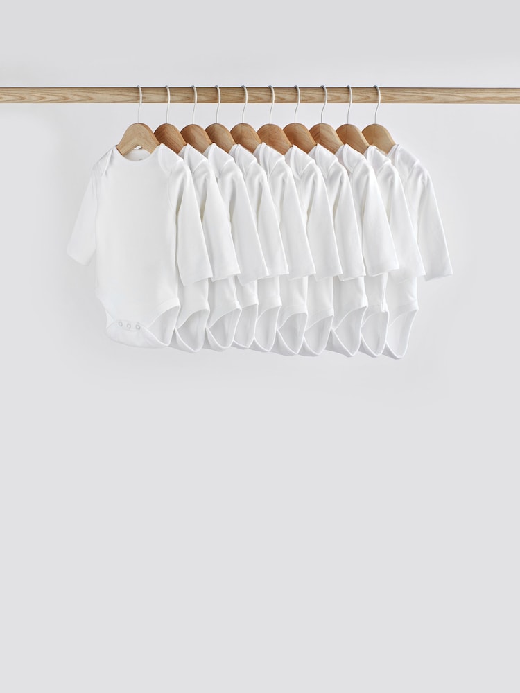 White 10 Pack Essential Baby Long Sleeve Bodysuits - Image 1 of 8