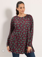Yours Curve Red Holly Print Novelty Christmas Tunic Top - Image 1 of 5