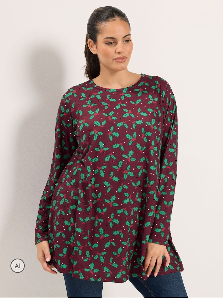Yours Curve Red Holly Print Novelty Christmas Tunic Top - Image 1 of 5
