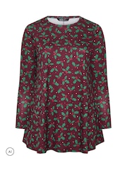 Yours Curve Red Holly Print Novelty Christmas Tunic Top - Image 4 of 5