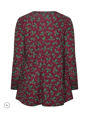 Yours Curve Red Holly Print Novelty Christmas Tunic Top - Image 5 of 5