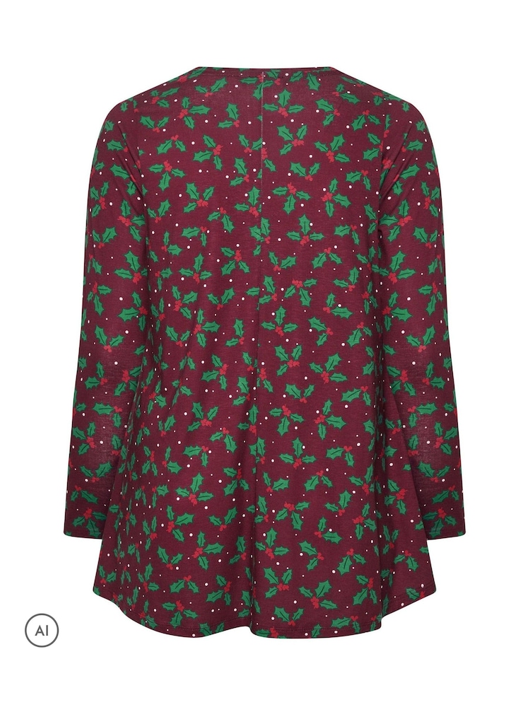 Yours Curve Red Holly Print Novelty Christmas Tunic Top - Image 5 of 5