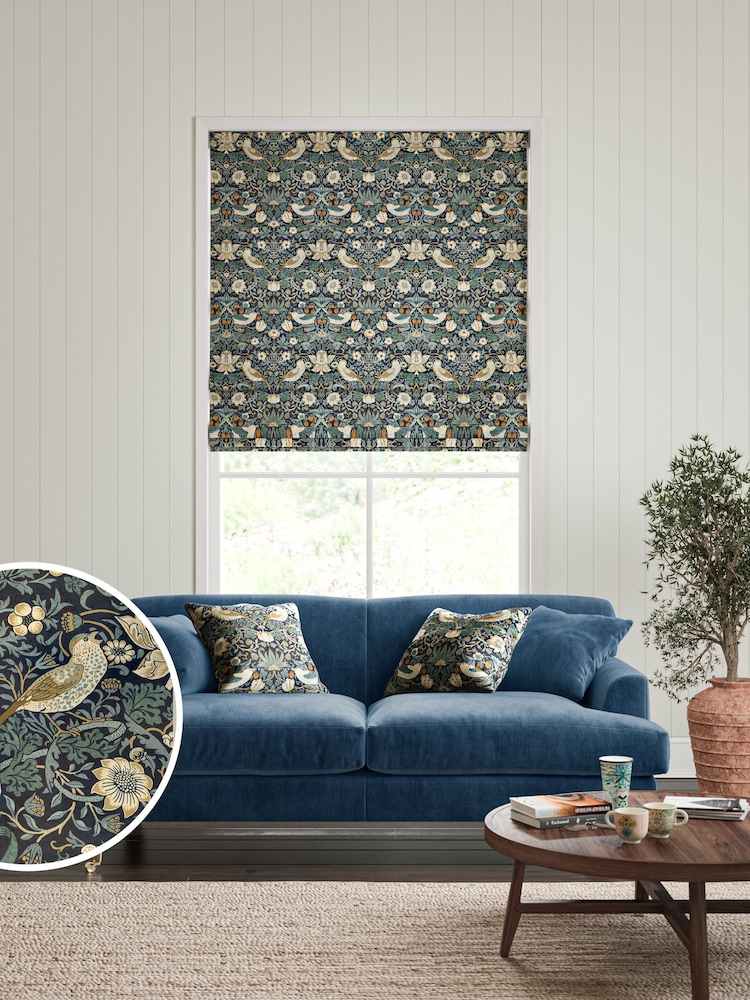 William Morris At Home Blue Strawberry Thief Velvet Made to Measure Roman Blinds - Image 1 of 6