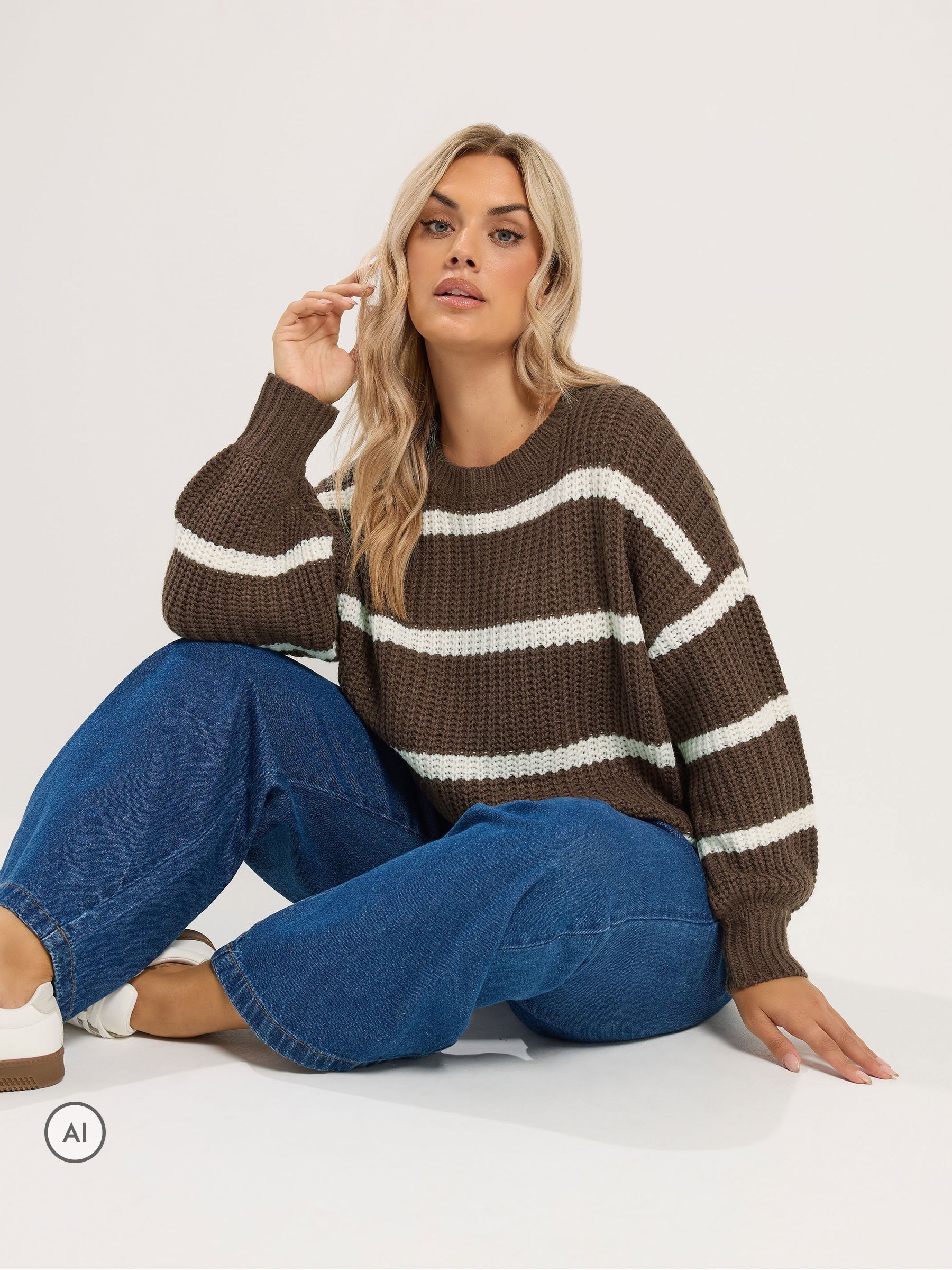 Yours Women's Brown Stripe Waffle Knitted Jumper In | Size: 30/32 - Image 2
