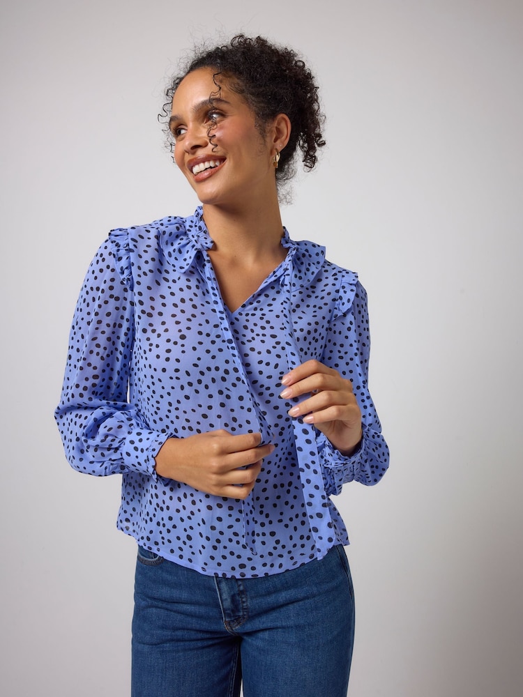 SCAMP & DUDE Blue Cheetah Spot Tie Neck Blouse - Image 1 of 3
