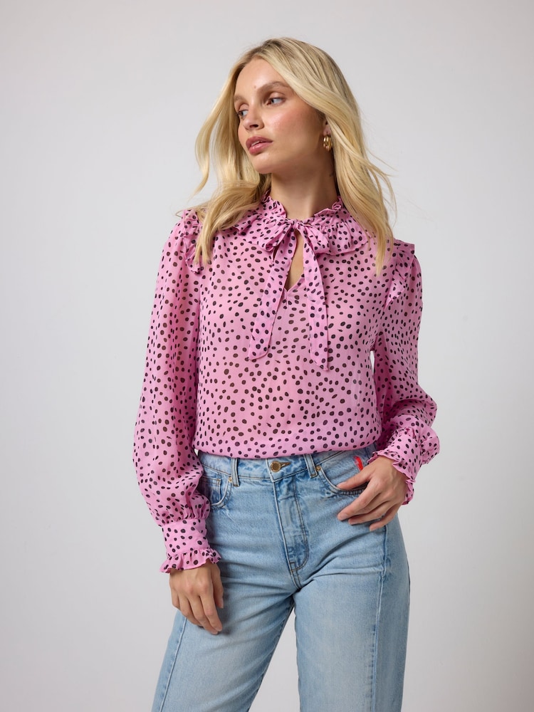 SCAMP & DUDE Pink Cheetah Spot Tie Neck Blouse - Image 1 of 5