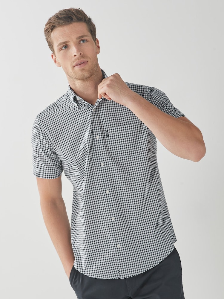 Navy Blue/White Gingham Check Easy Iron Button Down Short Sleeve Oxford Shirt - Image 1 of 4