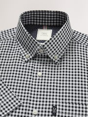 Navy Blue/White Gingham Check Regular Fit Easy Iron Button Down Short Sleeve Oxford Shirt - Image 6 of 7