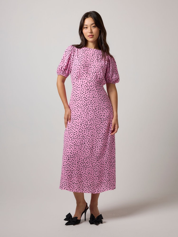 SCAMP & DUDE Pink Cheetah Spot Curved Waist Midi Dress - Image 2 of 4 SCAMP & DUDE Pink Cheetah Spot Curved Waist Midi Dress - Image 2 of 4