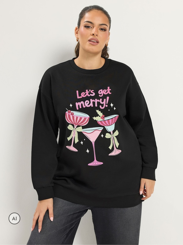Yours Curve Merry Christmas Cocktail Glitter Novelty Sweatshirt - Slika 1 od 6 Yours Curve Merry Christmas Cocktail Glitter Novelty Sweatshirt - Slika 1 od 6