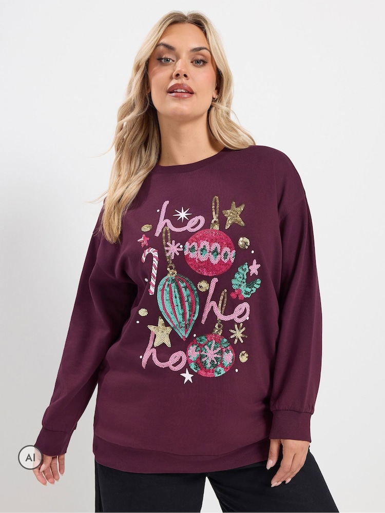 Yours Curve 'Ho Ho Ho' Sequin Baubles Sweatshirt - صورة 1 من 6