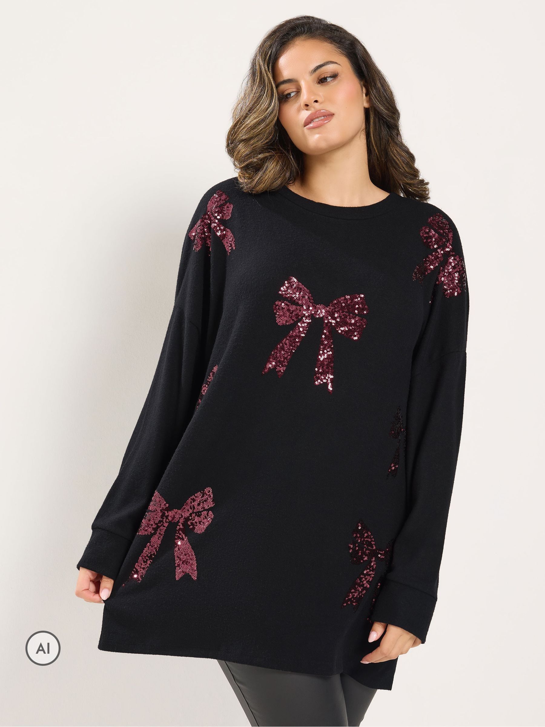 Yours Women's Black Sequin Bow Sweatshirt In | : 26/28 - Image 5