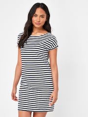 Navy Blue/White Stripe 100% Cotton Relaxed Capped Sleeve Tunic Dress - Image 1 of 5