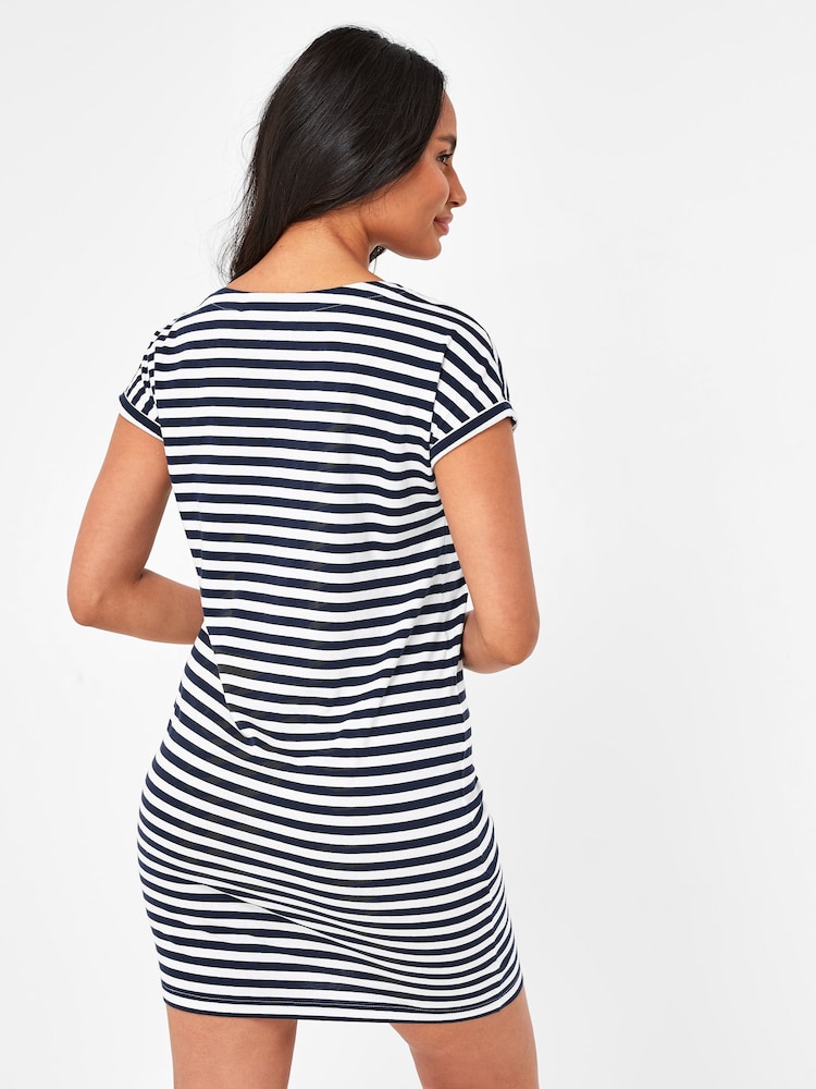 Navy Blue/White Stripe 100% Cotton Relaxed Capped Sleeve Tunic Dress - Image 2 of 5