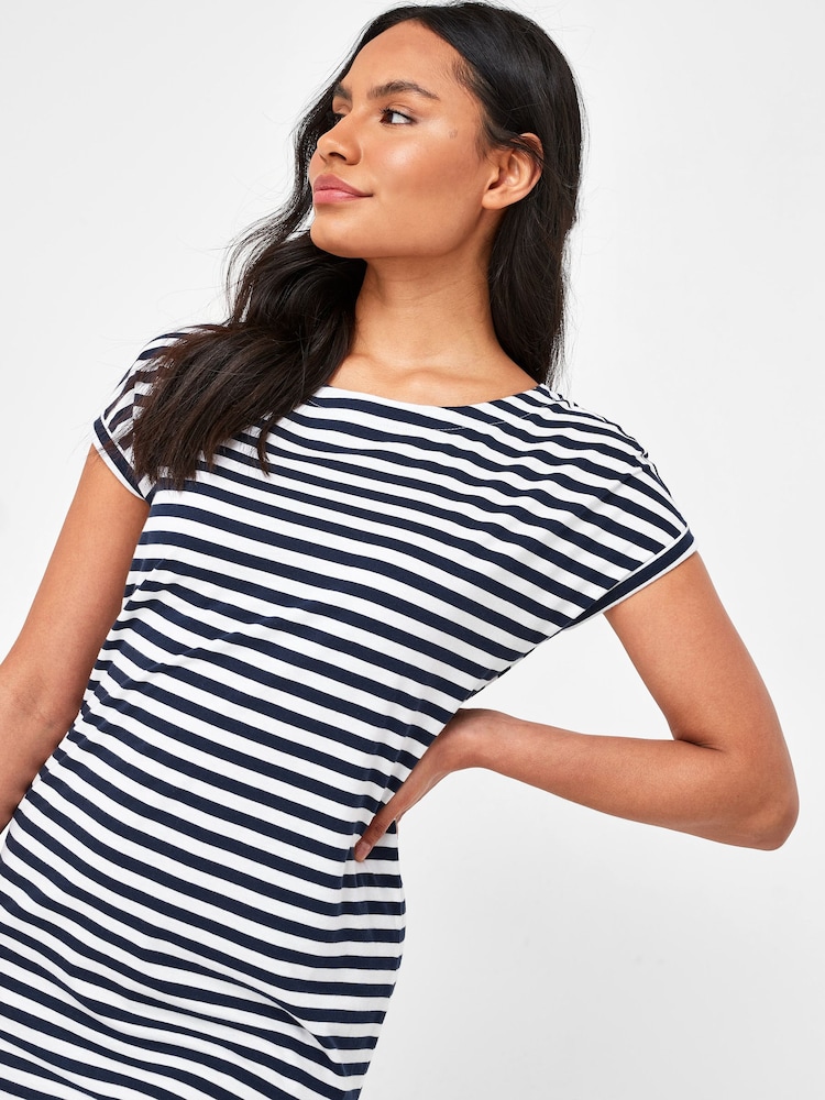 Navy Blue/White Stripe 100% Cotton Relaxed Capped Sleeve Tunic Dress - Image 3 of 5