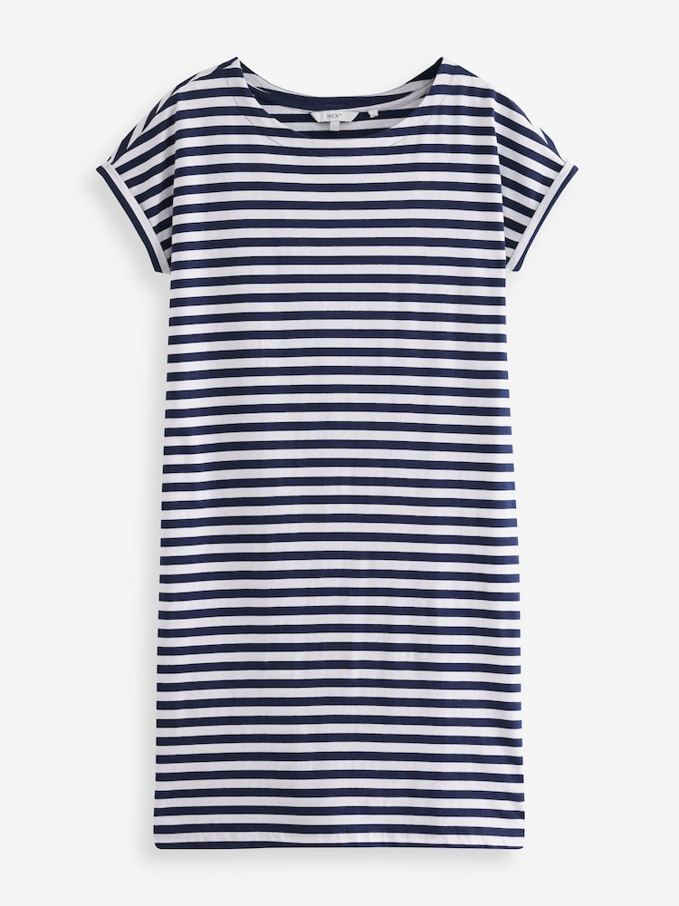 Navy Blue/White Stripe 100% Cotton Relaxed Capped Sleeve Tunic Dress - Image 4 of 5