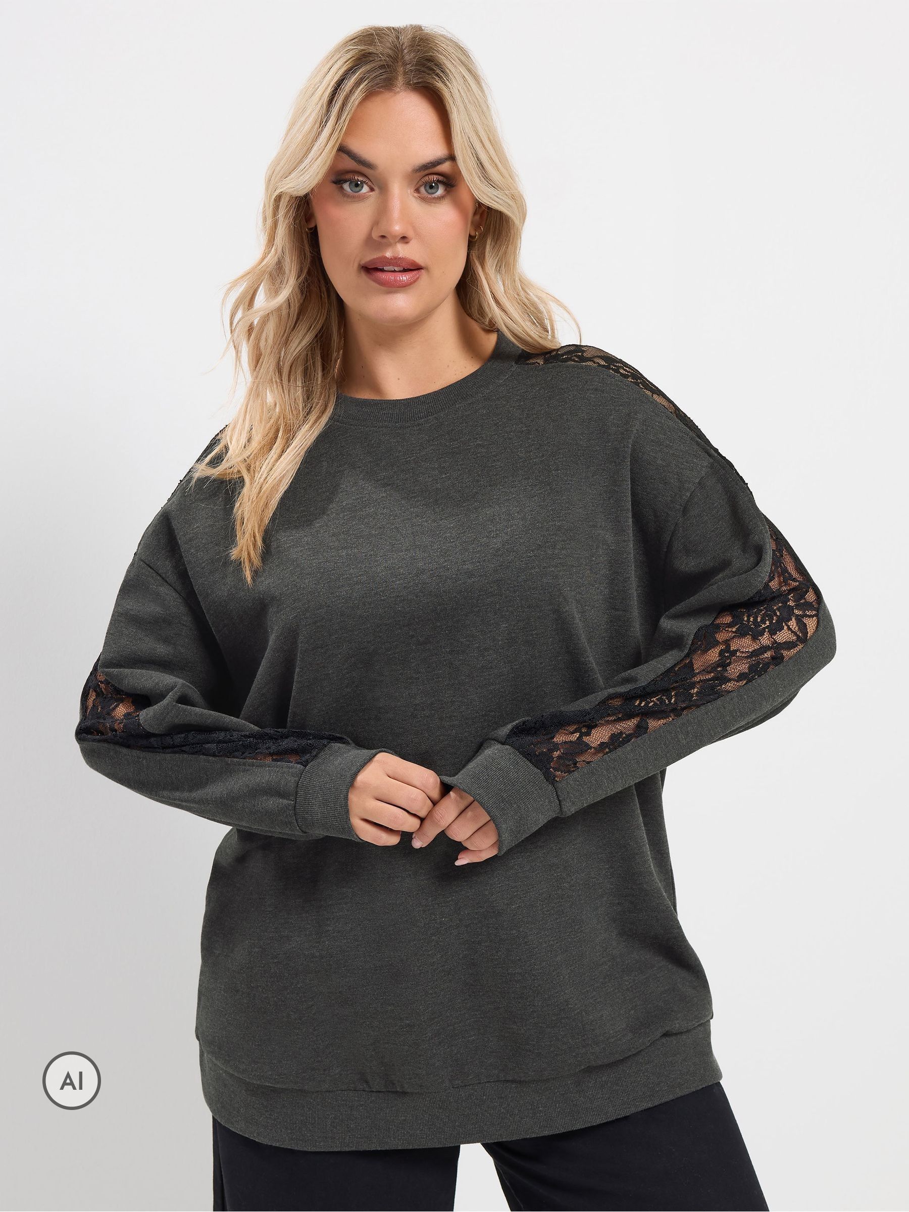 Yours Women's Grey Lace Insert Sweatshirt In | Size: 30/32 - Image 6