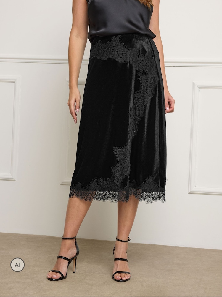 Star by Julien MacDonald Black Lace Overlay Velvet Skirt - Image 1 of 6 Star by Julien MacDonald Black Lace Overlay Velvet Skirt - Image 1 of 6