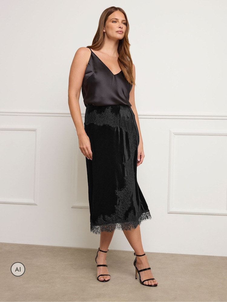 Star by Julien MacDonald Black Lace Overlay Velvet Skirt - Image 2 of 6 Star by Julien MacDonald Black Lace Overlay Velvet Skirt - Image 2 of 6