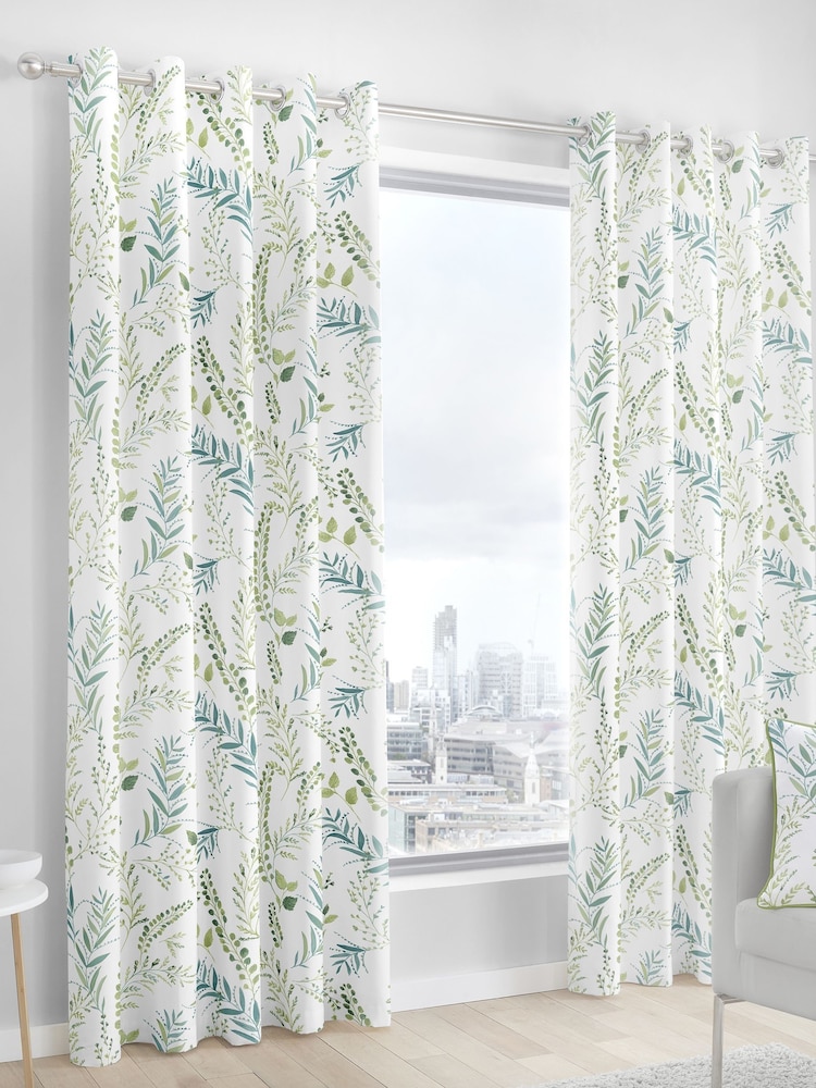 Fusion Green 100% Cotton Fernworthy Botanical Leaves Lined Eyelet Curtains - Image 1 of 2