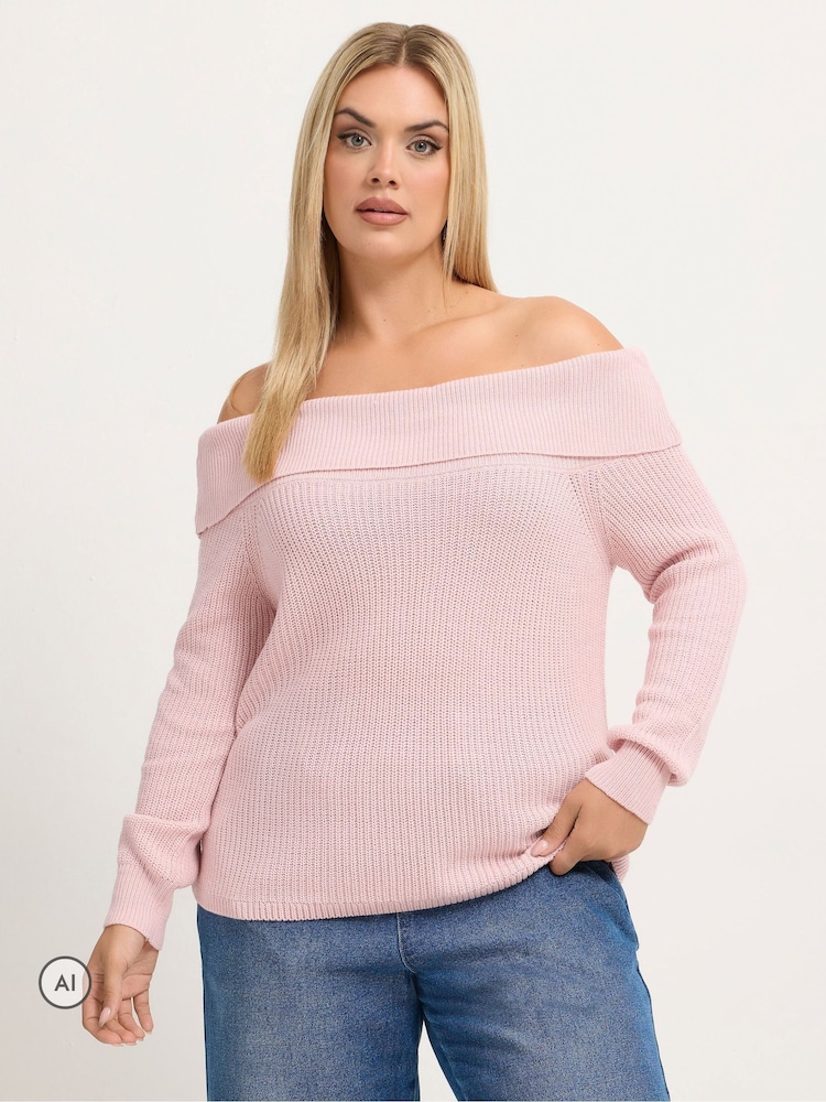 Yours Curve Pink Limited Bardot Knitted Jumper - Image 1 of 6 Yours Curve Pink Limited Bardot Knitted Jumper - Image 1 of 6
