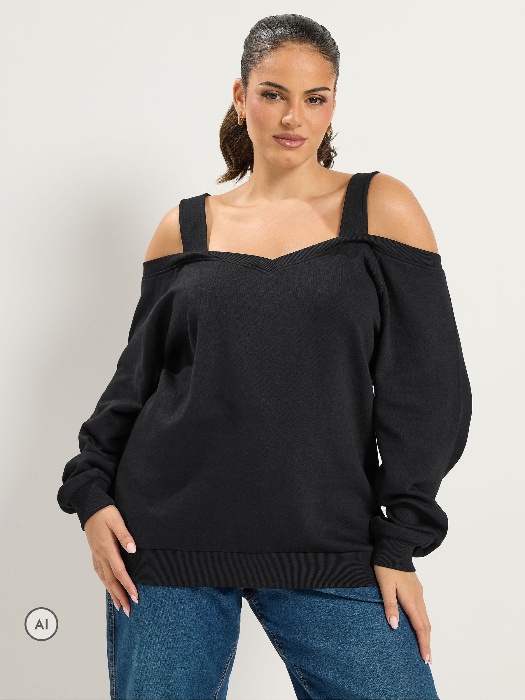 Yours Women's Black Off Shoulder V-Neck Sweatshirt In | : 30/32 - Image 6