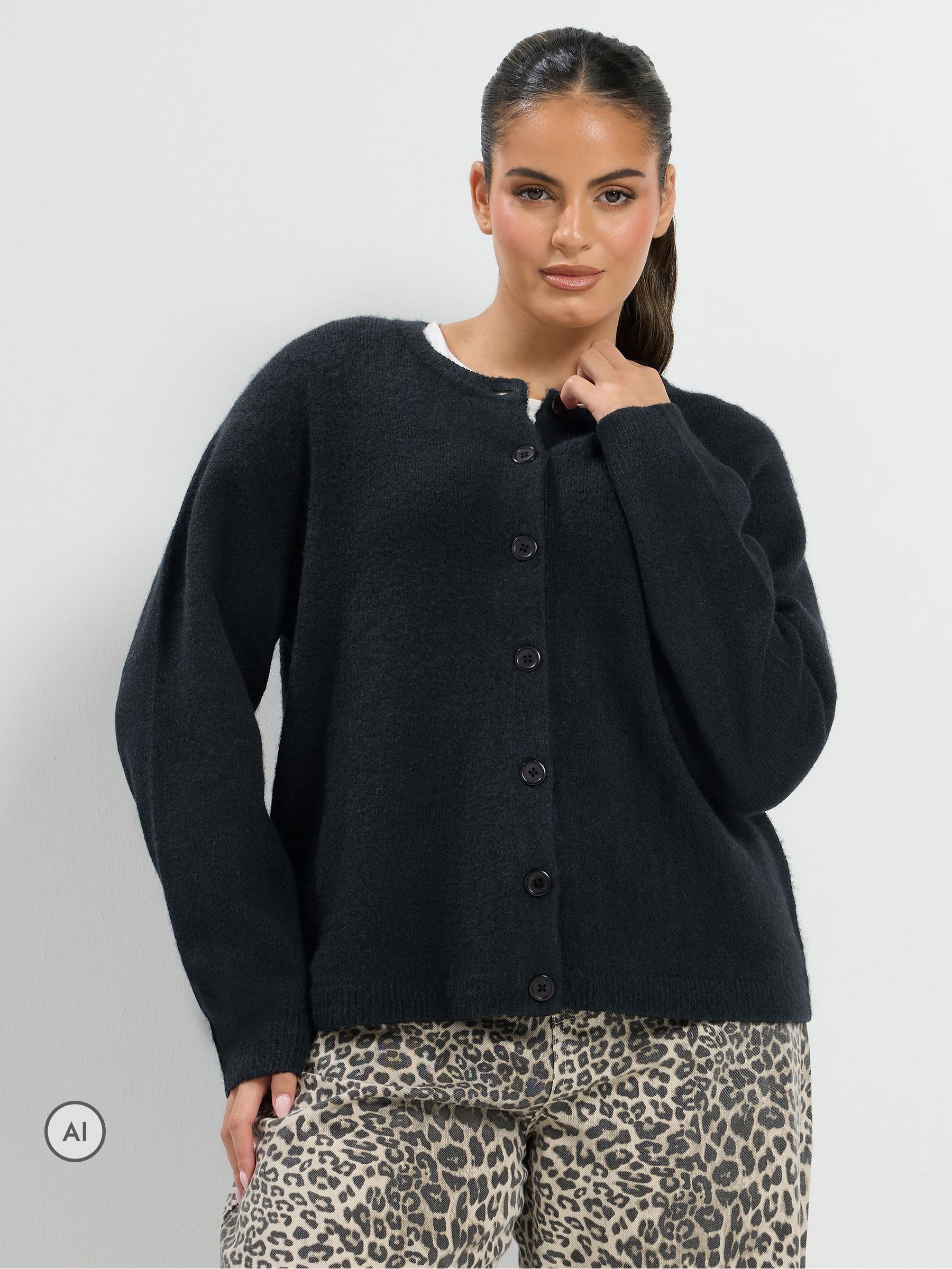 Yours Women's Crew Neck Cardigan Sweater in Black | Size: 30-32 - Image 2