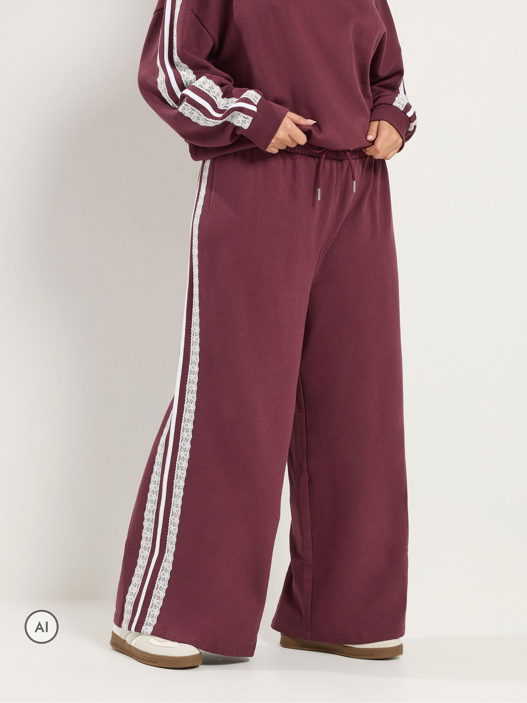Yours Curve Women's Red Lace Side Wide Leg Joggers - Image 1