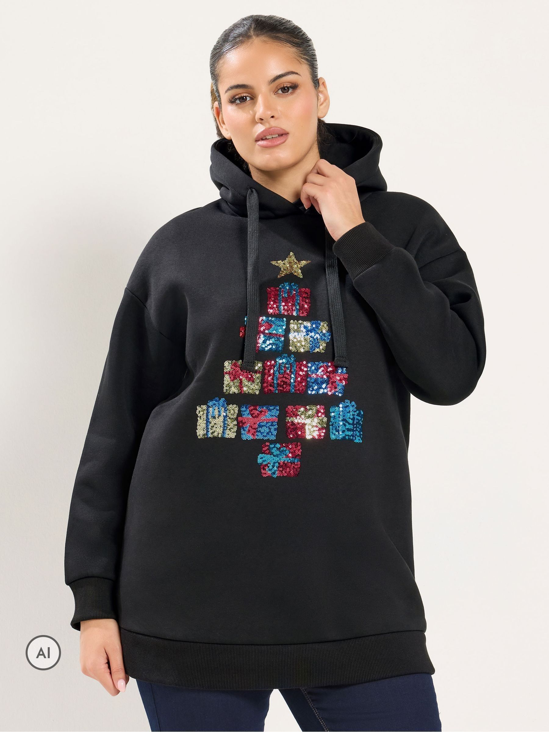 Yours Women's Black Sequin Christmas Tree Novelty Hoodie In | Size: 30/32 - Image 2