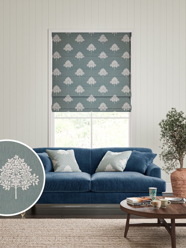 William Morris At Home Blue Marigold Tree Embroidery Made to Measure 100% Cotton Roman Blinds - Image 1 of 6