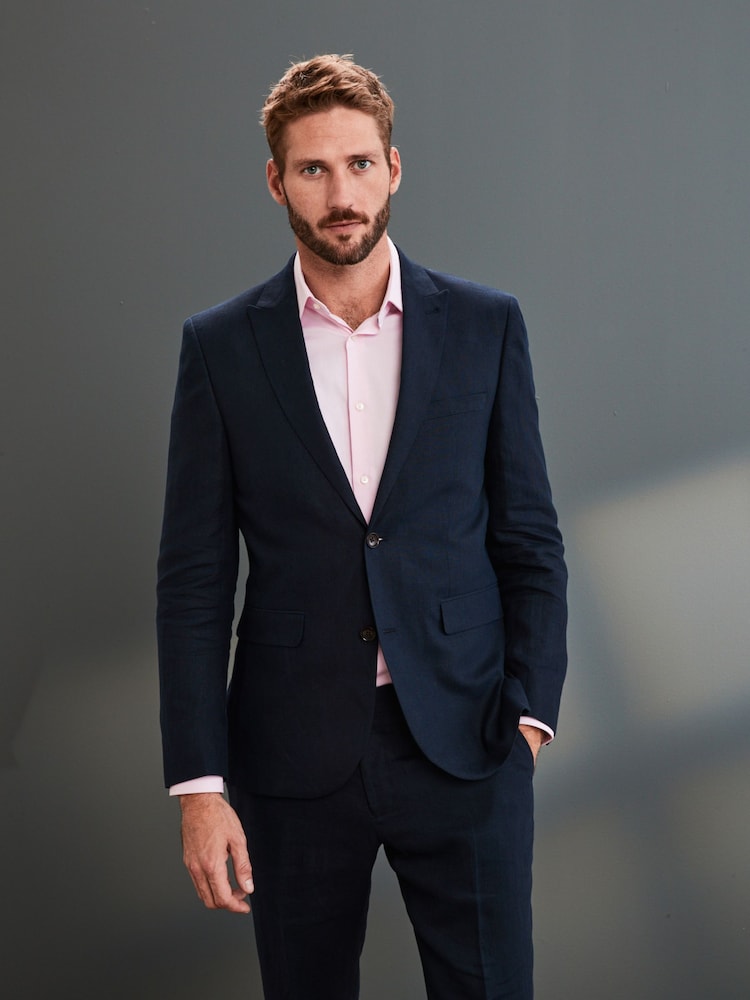 Navy Blue Slim Signature Nova Fides Italian Linen Suit Jacket - Image 1 of 6