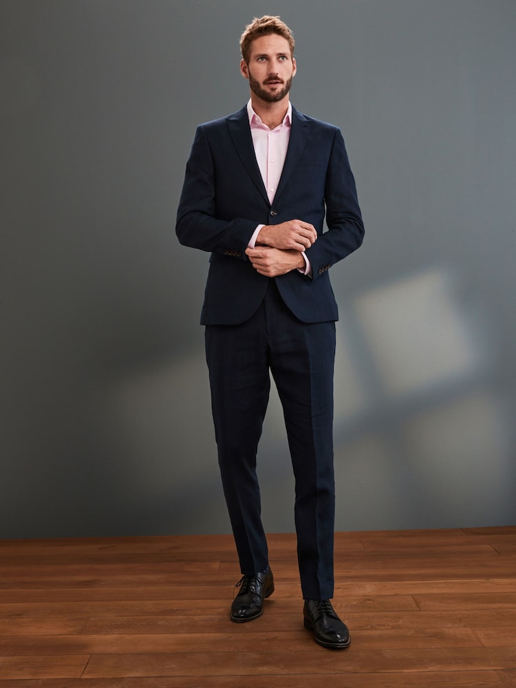 Navy Blue Slim Signature Nova Fides Italian Linen Suit Jacket - Image 2 of 6
