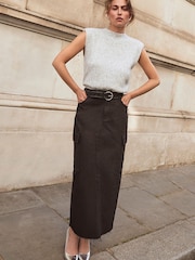 Mint Velvet Black Denim Cargo Midi Skirt - Image 1 of 4