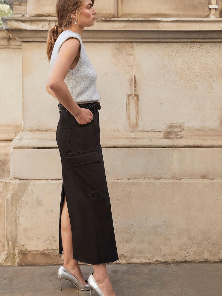 Mint Velvet Black Denim Cargo Midi Skirt - Image 2 of 4