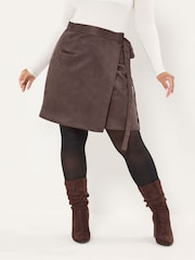 Yours Curve Brown Faux Suede Wrap Mini Skirt - Image 1 of 5