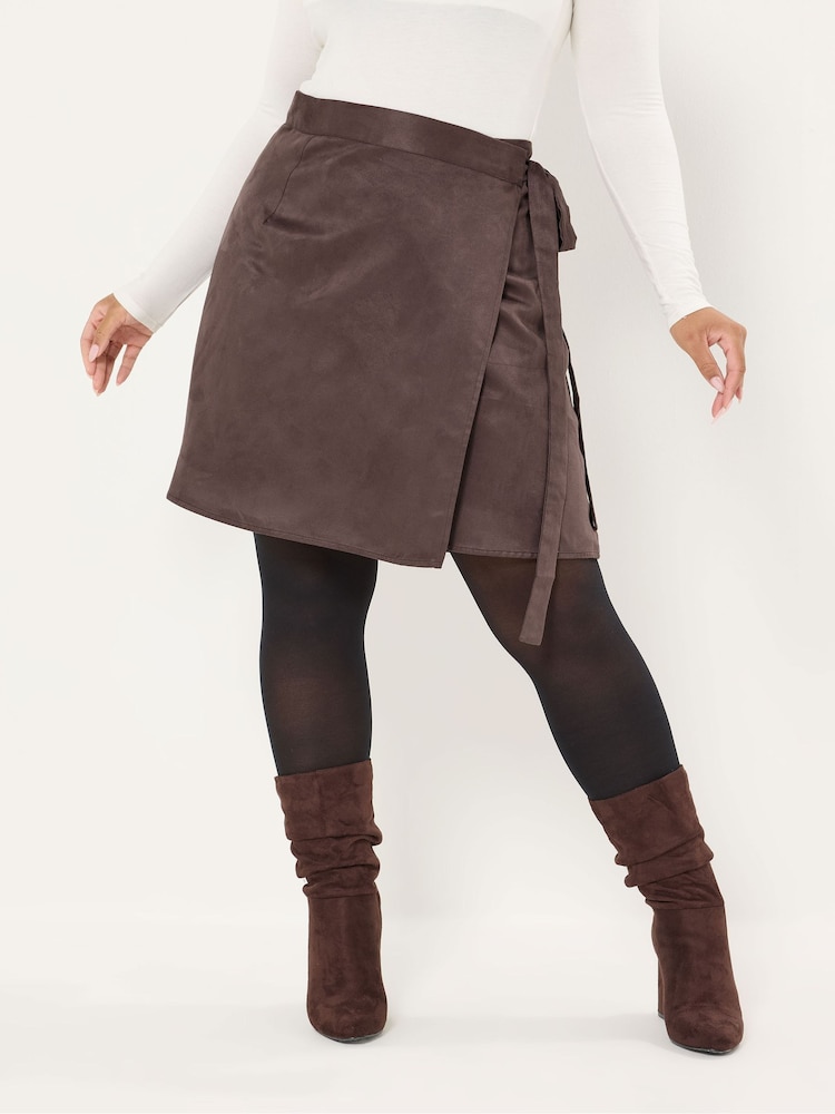 Yours Curve Brown Faux Suede Wrap Mini Skirt - Image 1 of 5