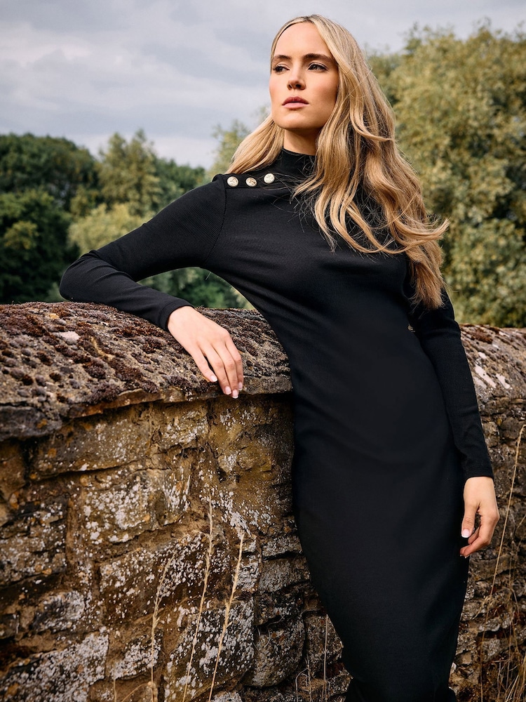 Long Tall Sally Black Ribbed Shoulder Button Maxi Dress - Image 2 of 6 Long Tall Sally Black Ribbed Shoulder Button Maxi Dress - Image 2 of 6